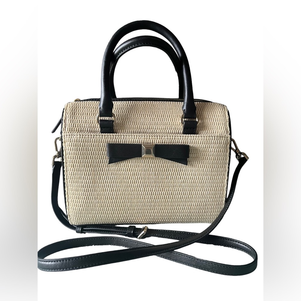 kate spade Beige Woven Satchel with Black Trim and Bow